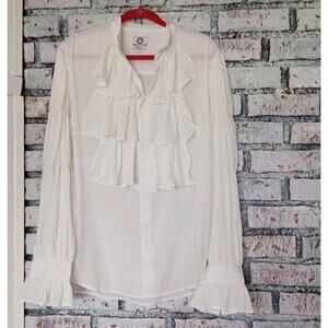 White Ruffle Poet Blouse Mandarin Collar Women M Romantic Buisness Casual Pirate